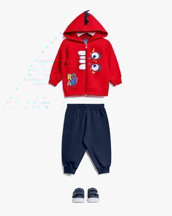 Conjunto Bebê Menino em Moletom com Estampa Interativa Dino- ReiRex - Azul