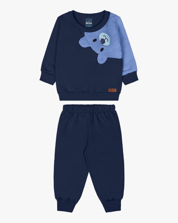 Conjunto Bebê Menino em Moletom com Estampa Interativa - ReiRex - Azul