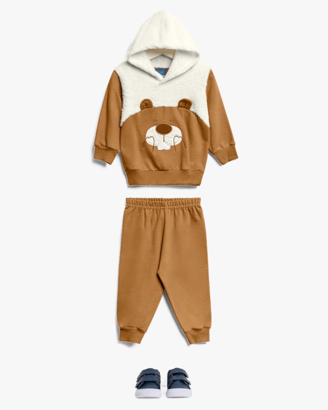 Conjunto Bebê Menino em Moletom e Pelúcia Estampa Urso -ReiRex - Natural-b1bc4720-67ca-45f8-9d55-e30779eb672e