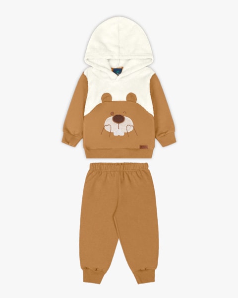 Conjunto Bebê Menino em Moletom e Pelúcia Estampa Urso -ReiRex - Natural