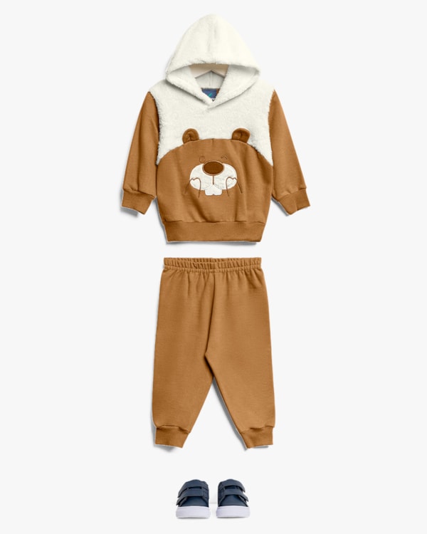 Conjunto Bebê Menino em Moletom e Pelúcia Estampa Urso -ReiRex - Natural
