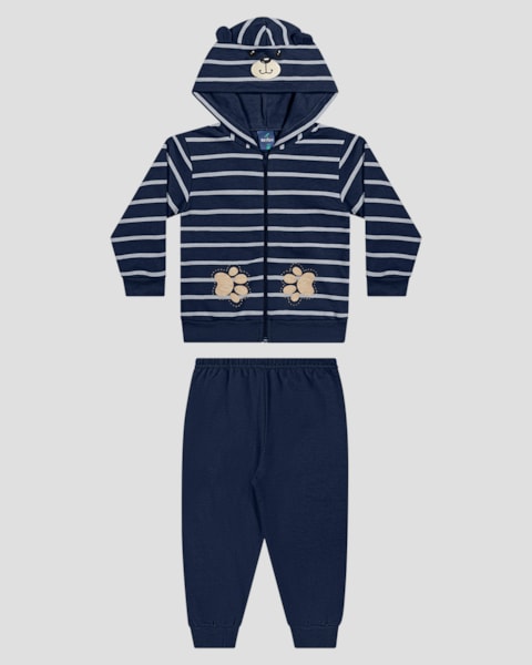 Conjunto Bebê Menino Jaqueta  Listrada com Calça - ReiRex - Azul
