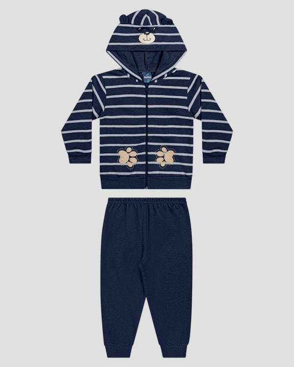 Conjunto Bebê Menino Jaqueta  Listrada com Calça - ReiRex - Azul