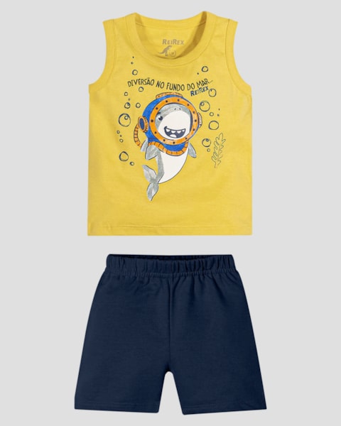 Conjunto Bebê Menino Regata com Estampa e Bermuda ReiRex Amarelo