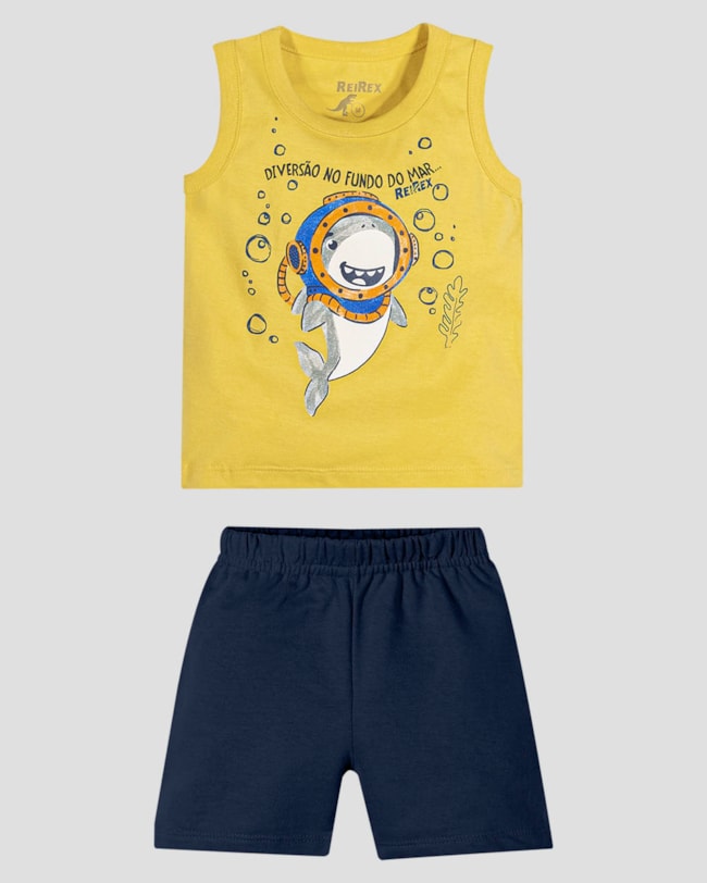 Conjunto Bebê Menino Regata com Estampa e Bermuda ReiRex Amarelo-42f991b7-f1f3-4b34-aa31-8ca5a913dc95