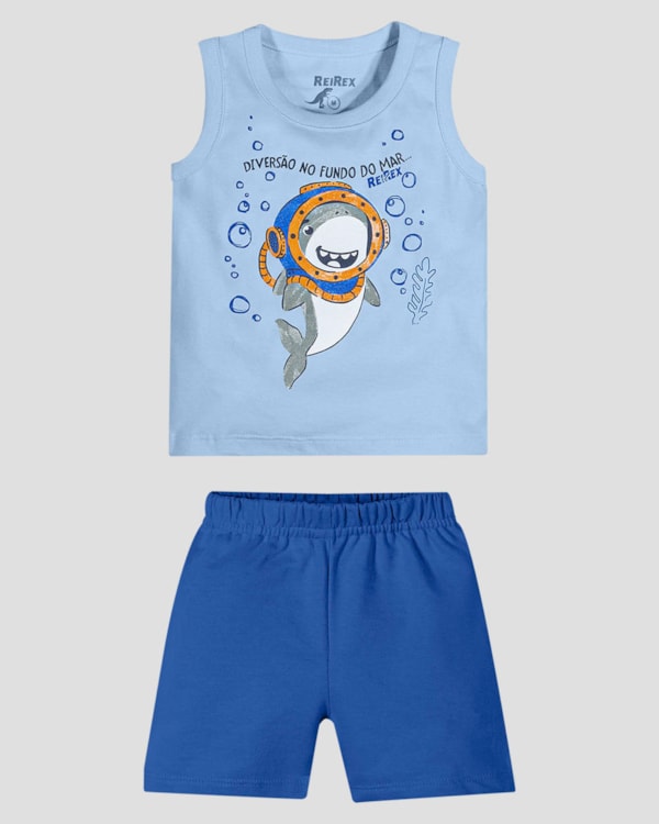 Conjunto Bebê Menino Regata com Estampa e Bermuda ReiRex Azul
