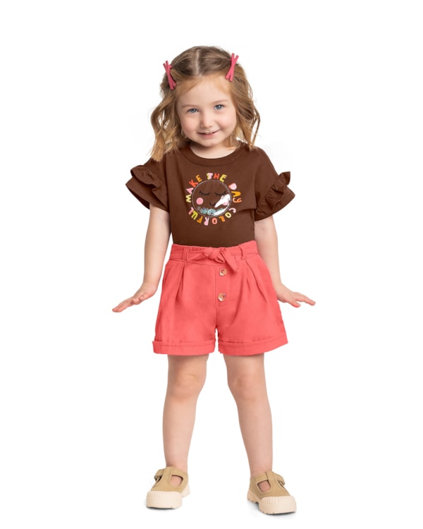 Conjunto Blusa com Babado e Shorts Menina Kely Kety Chocolate