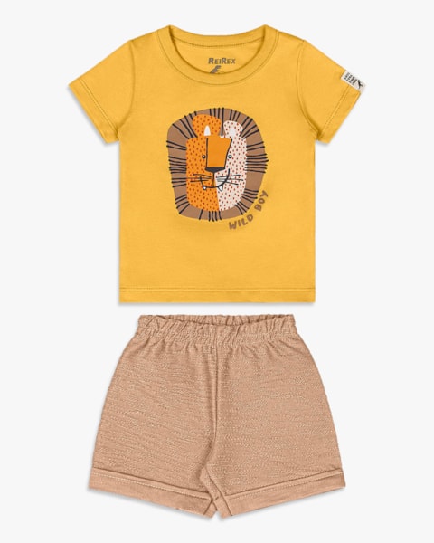 Conjunto Curto Bebê Menino com Estampa Leãozinho - ReiRex - Mostarda