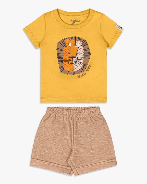 Conjunto Curto Bebê Menino com Estampa Leãozinho - ReiRex - Mostarda