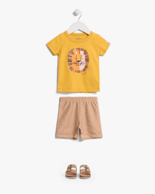Conjunto Curto Bebê Menino com Estampa Leãozinho - ReiRex - Mostarda