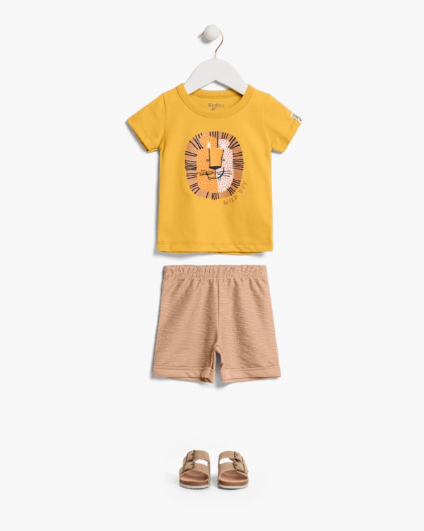 Conjunto Curto Bebê Menino com Estampa Leãozinho - ReiRex - Mostarda