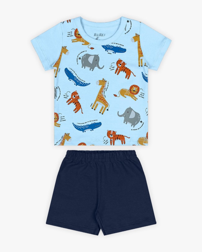 Conjunto Curto Bebê Menino Estampa Animais - ReiRex - Azul-d049625f-55a7-40a2-a236-c8f3a028b04f