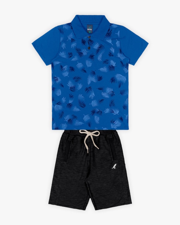 Conjunto Curto Infantil com Camisa Polo Estampada - ReiRex - Azul