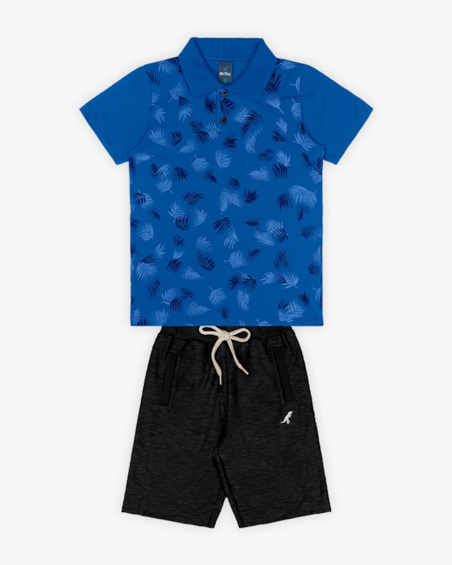 Conjunto Curto Infantil com Camisa Polo Estampada - ReiRex - Azul-ab0f80df-714e-48e5-9210-fbcaaba87977
