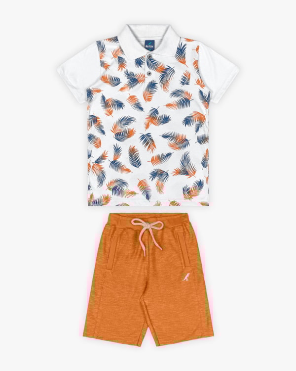 Conjunto Curto Infantil com Camisa Polo Estampada - ReiRex - Branco