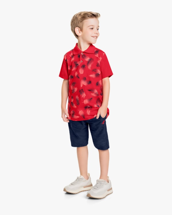 Conjunto Curto Infantil com Camisa Polo Estampada - ReiRex - Tomato