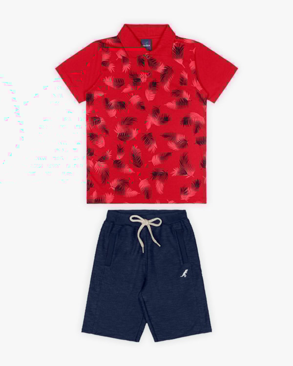 Conjunto Curto Infantil com Camisa Polo Estampada - ReiRex - Tomato