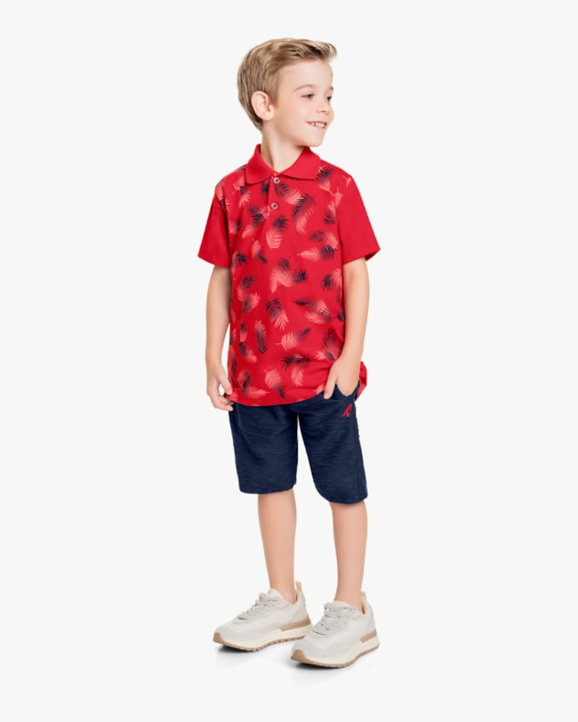 Conjunto Curto Infantil com Camisa Polo Estampada - ReiRex - Tomato-2f320391-a240-49b6-86f5-4a15690f54de