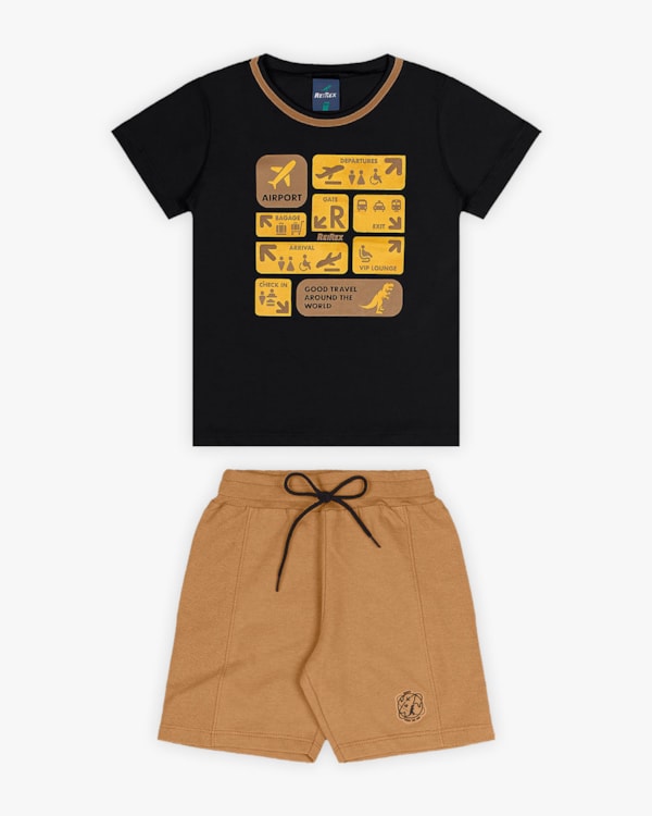 Conjunto Curto Infantil Masculino Estampa Aeroporto - ReiRex - Preto