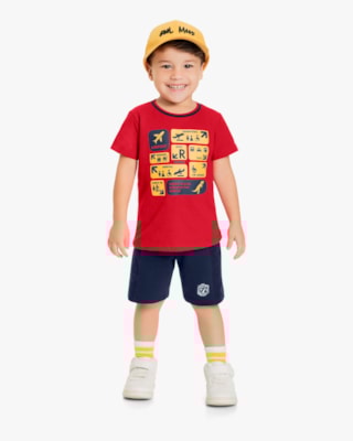 Conjunto Curto Infantil Masculino Estampa Aeroporto - ReiRex - Tomato