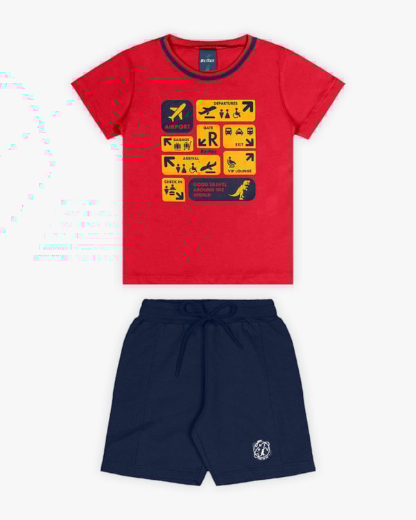 Conjunto Curto Infantil Masculino Estampa Aeroporto - ReiRex - Tomato