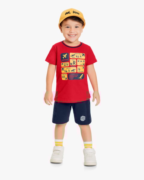 Conjunto Curto Infantil Masculino Estampa Aeroporto - ReiRex - Tomato