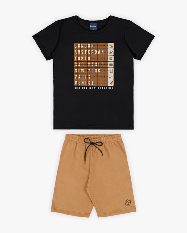 Conjunto Curto Infantil Masculino Estampa Destinos - Rei Rex - Preto