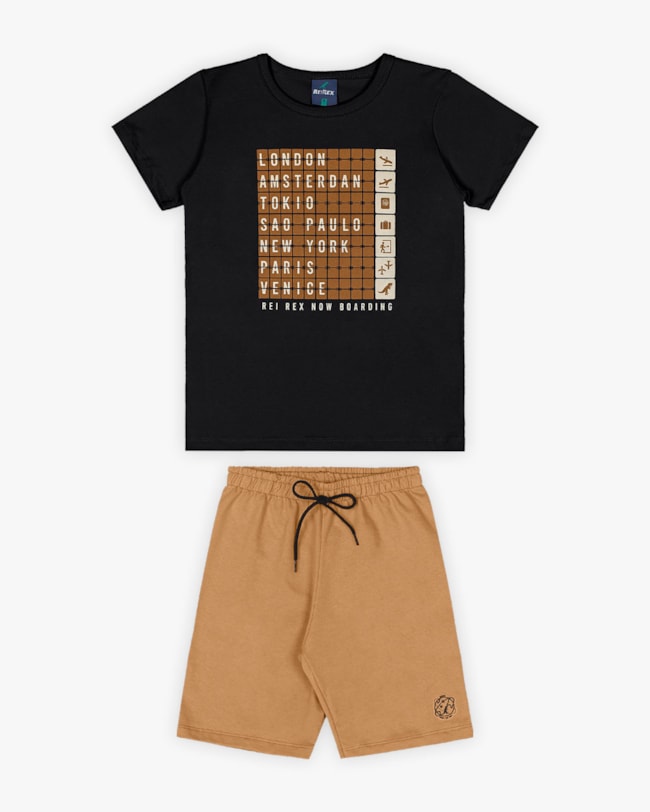 Conjunto Curto Infantil Masculino Estampa Destinos - Rei Rex - Preto-21ba2c2e-9635-4875-b7a5-dd033b58e447