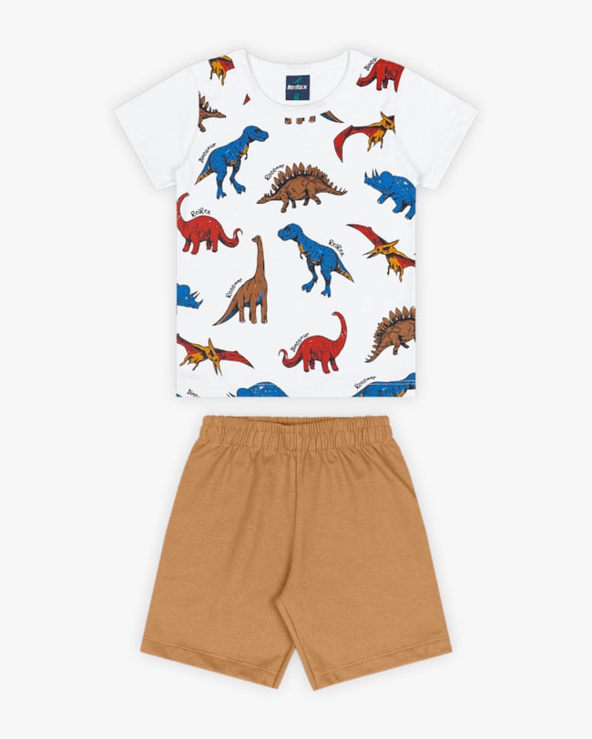 Conjunto Curto Infantil Masculino Estampa Dinossauros - ReiRex - Branco-69e79ce5-7677-4fbb-8e97-20235921cea5