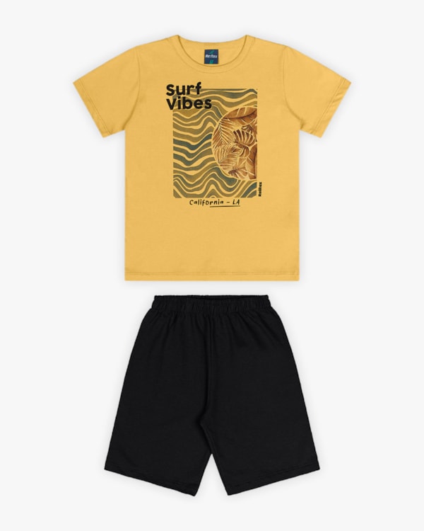 Conjunto Curto Infantil Masculino Estampa Ondas de Surf- Rei Rex - Mostarda