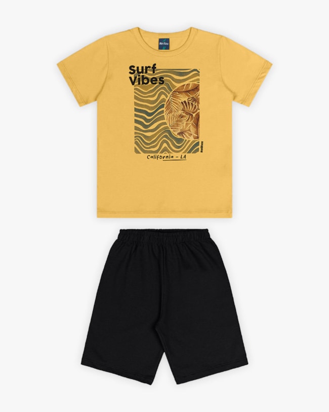 Conjunto Curto Infantil Masculino Estampa Ondas de Surf- Rei Rex - Mostarda-251c1955-a64c-4872-8152-5335df6c31f3