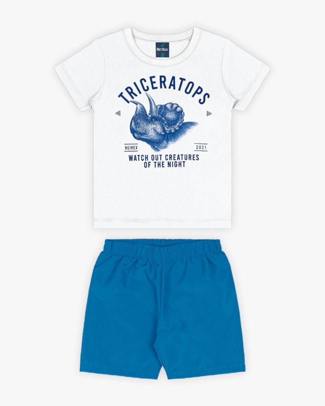 Conjunto Curto Infantil Masculino Estampa Triceratops - ReiRex - Branco-8375efe6-6c19-4f75-a716-6139c2cd181c