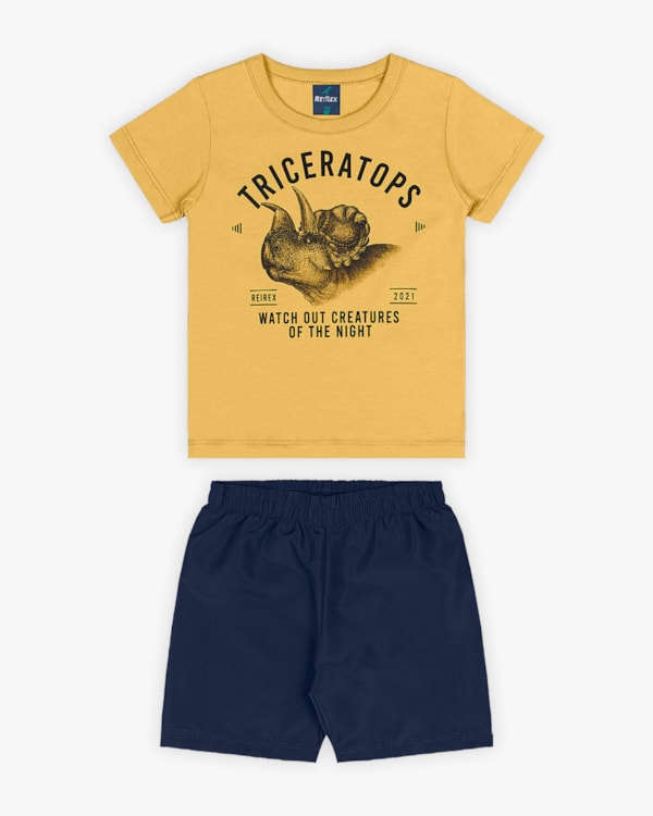 Conjunto Curto Infantil Masculino Estampa Triceratops - ReiRex - Mostarda