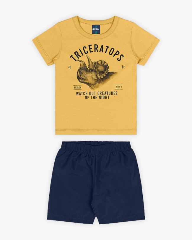 Conjunto Curto Infantil Masculino Estampa Triceratops - ReiRex - Mostarda-ce204117-be58-4e0c-8d20-75aa46c2b4dc