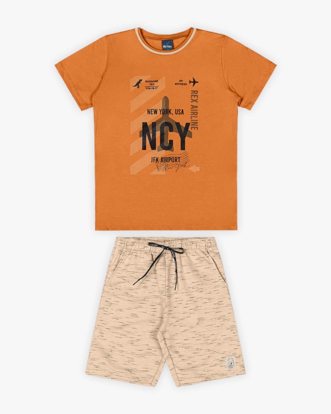 Conjunto Curto Infantil Masculino Estampa Viagem - ReiRex - Amarelo-7b1d7683-232e-4881-9def-8c22059aa631