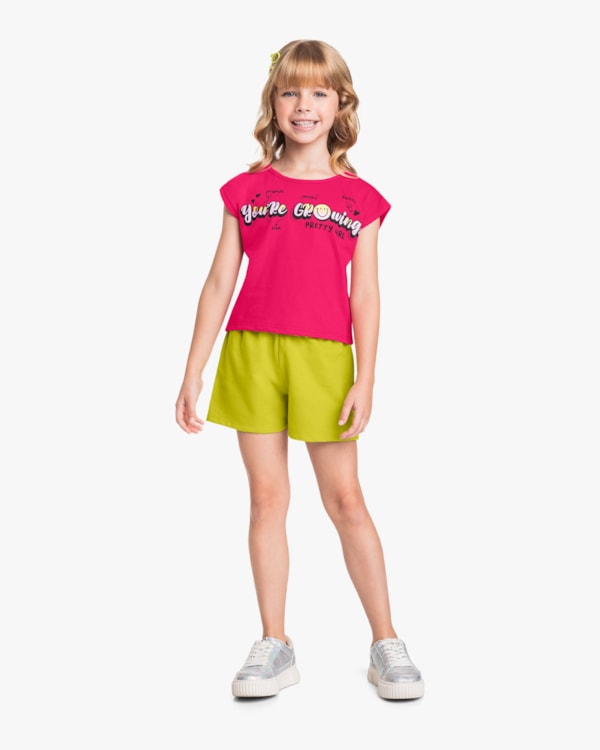 Conjunto Curto Infantil Menina com Estampa Frase - Kely Kety - Cherry