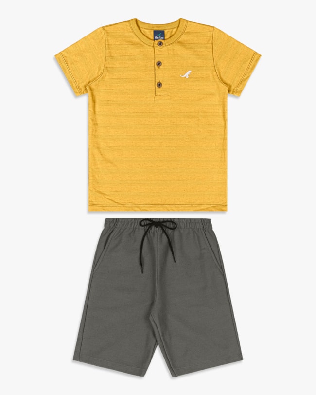 Conjunto Curto Infantil Menino com Camiseta Gola Padre - ReiRex - Mostarda-bb47eb11-7003-4d1f-bbf3-0259ffc0f90f