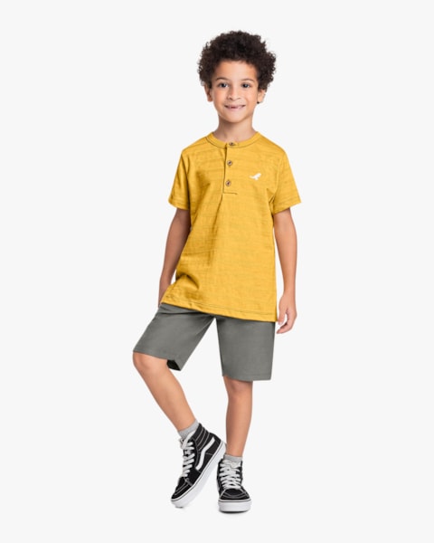 Conjunto Curto Infantil Menino com Camiseta Gola Padre - ReiRex - Mostarda