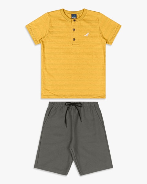 Conjunto Curto Infantil Menino com Camiseta Gola Padre - ReiRex - Mostarda