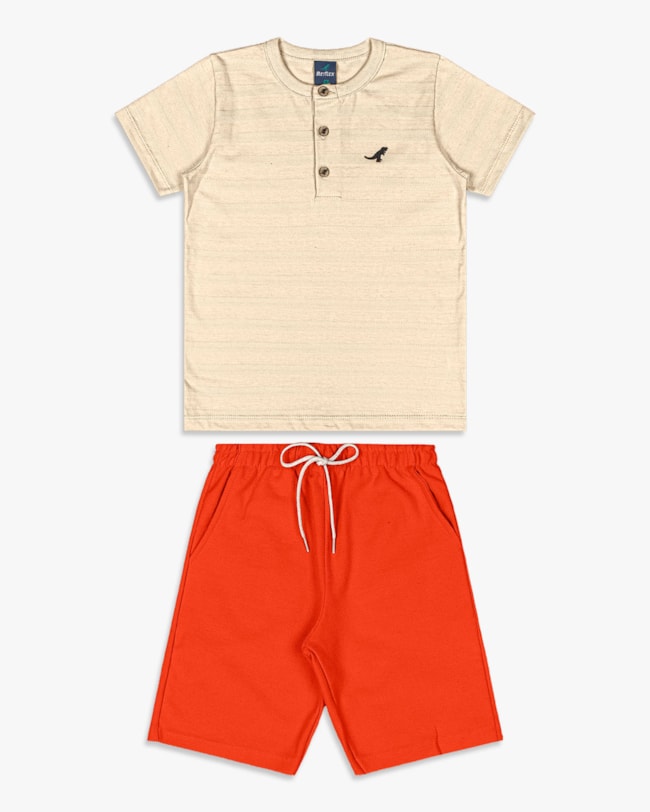 Conjunto Curto Infantil Menino com Camiseta Gola Padre - ReiRex - Tapioca-842f01b7-3c73-4d5f-96ac-957c83d06820