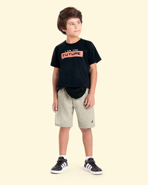 Conjunto Curto Infantil Menino com Estampa Frontal - ReiRex -Preto