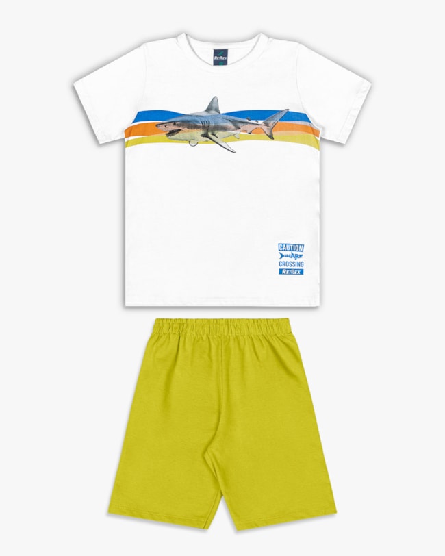 Conjunto Curto Infantil Menino com Estampa Tubarão - ReiRex - Branco-c734ac26-e9b5-4313-b1eb-2137f44b8323