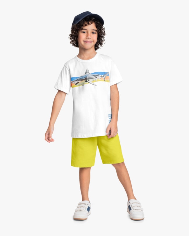 Conjunto Curto Infantil Menino com Estampa Tubarão - ReiRex - Branco-c3212c76-e5c0-4d00-83f6-89e83058a5b6