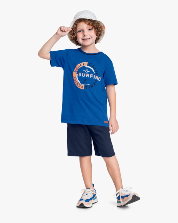 Conjunto Curto Infantil Menino Estampa Surf - ReiRex - Azul Mar