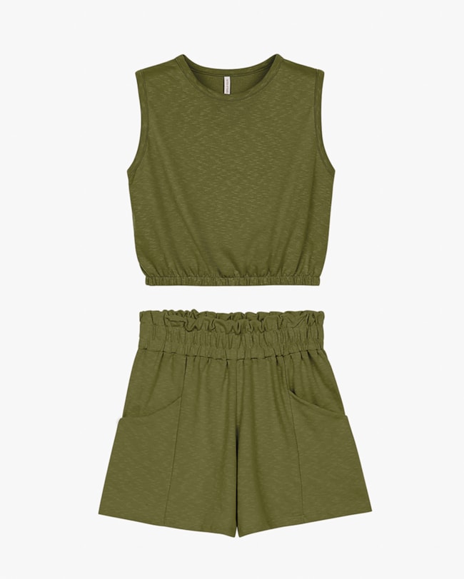 Conjunto Feminino Cropped e Shorts em Moletinho - Cereja Rosa - Oliveira-607a47f8-3ae8-403a-88bd-733e9755ff00