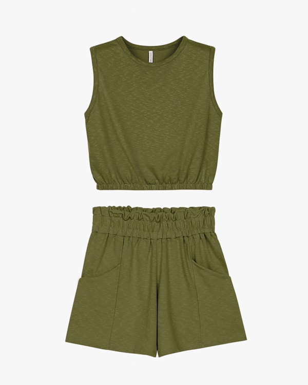 Conjunto Feminino Cropped e Shorts em Moletinho - Cereja Rosa - Oliveira