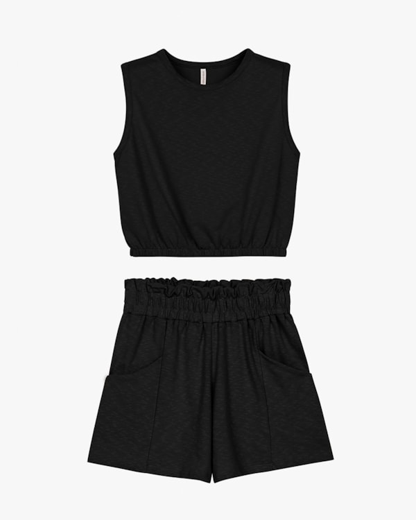 Conjunto Feminino Cropped e Shorts em Moletinho - Cereja Rosa - Preto