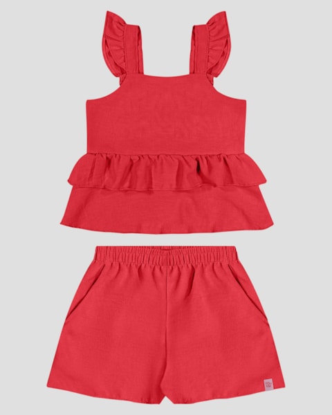 Conjunto Infantil Blusa com Babado e Shorts Kely Kety Vermelho