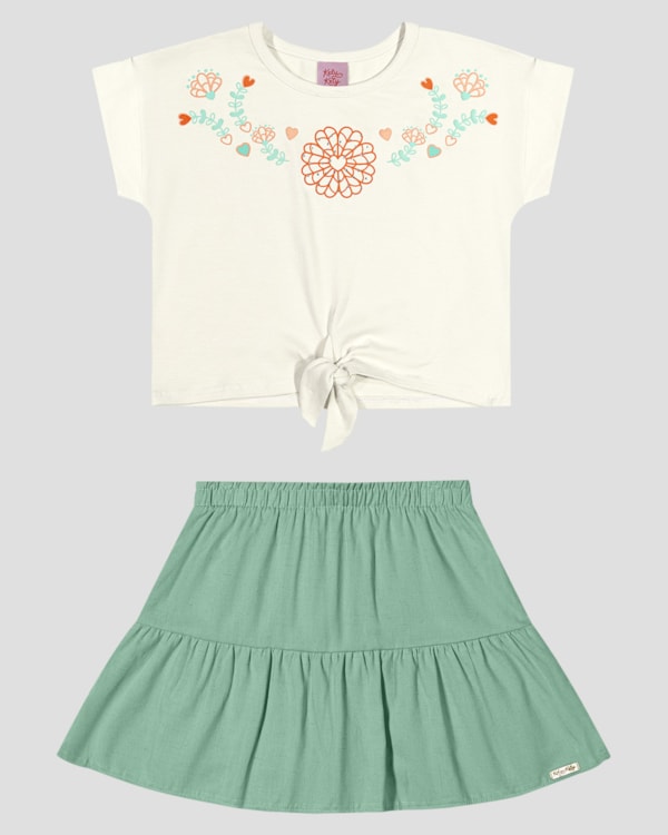 Conjunto Infantil Blusa e Saia com Estampa Floral Kely Kety Branco