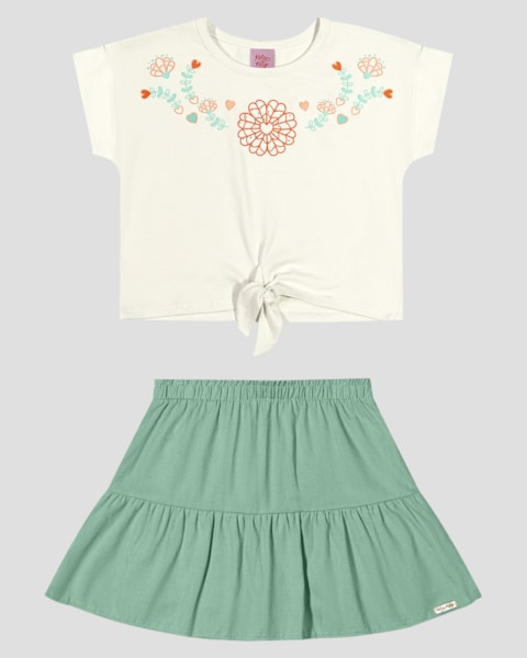 Conjunto Infantil Blusa e Saia com Estampa Floral Kely Kety Branco